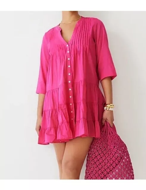 J.Crew Button-front Size XS Tiered coverup dress in cotton voile Dark Pink NWOT