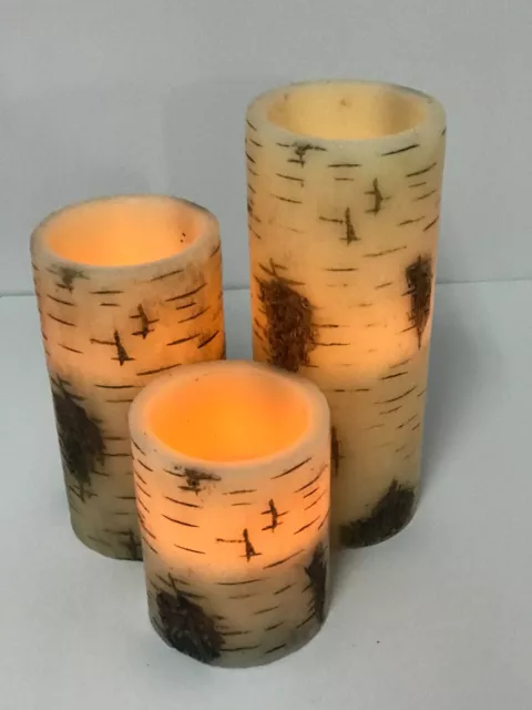 3 Piece Real Wax LED Flameless Birch Bark Candle Set Nature Country Living Decor