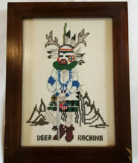 Vintage Framed Needlepoint Cross Stitch Southwest Native American Deer Kachina