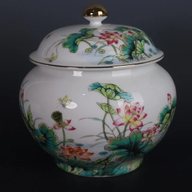 Chinese Qing Qianlong Famille Rose Porcelain Pot Lotus Pattern Tea Caddy 7.1"