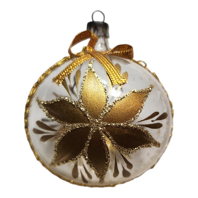 Vintage Hand Painted Clear Glass Gold Flower Glitter Christmas Ornament 2.5"