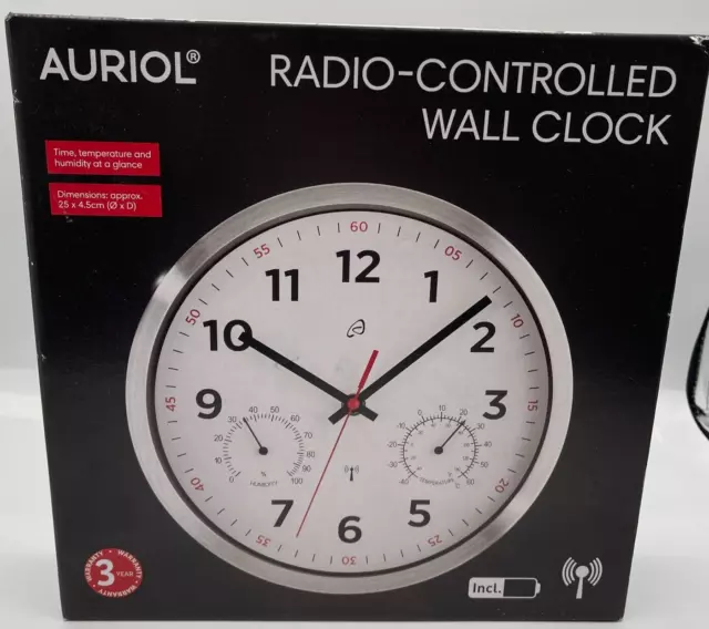 Auriol White Silver Radio Controlled Wall Clock Brushed Aluminium & Battery NEW