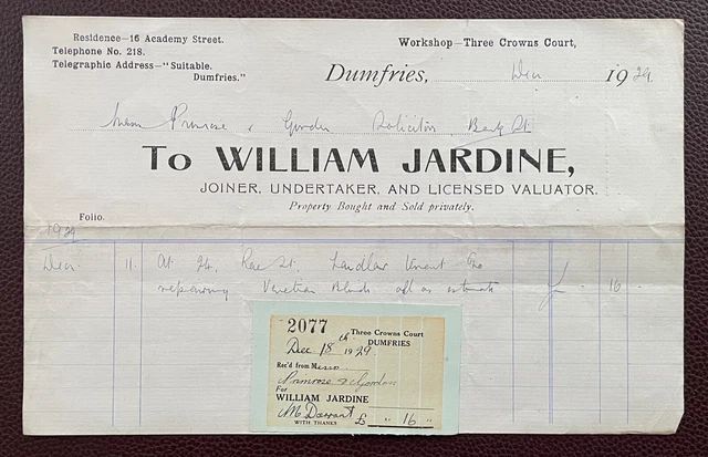 1929 William Jardine, Joiner & Undertaker, Three Crowns Court, Dumfries Invoice