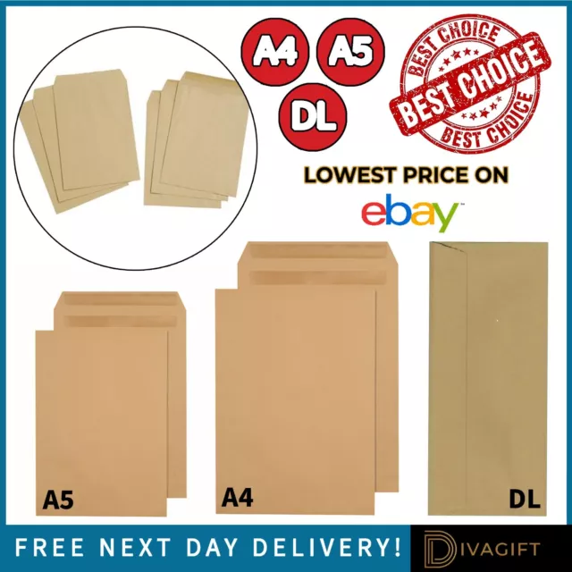 Brown Envelopes Strong Postal Plain Self Seal Manilla Letter Post A4 A5 Dl Sizes