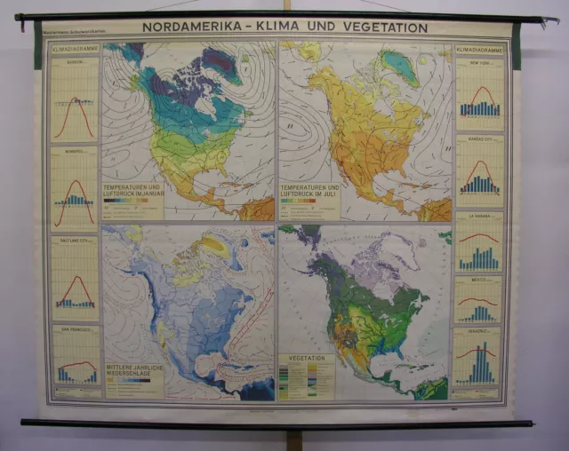 Schulwandkarte Nordamerika North America map Klima Vegetation 1971 214x177cm