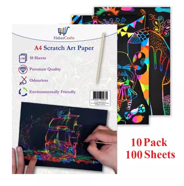 A4 Scratch Art Paper Rainbow Drawing Magic Doodle Sketch (100 Sheets & 10 Tools)