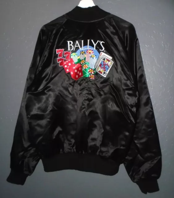 🔥🚨Vintage 80s Rare Ballys Casino Hotel Las Vegas Satin Black Jacket XLarge EUC