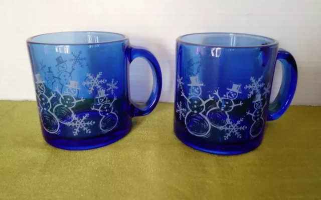 Mugs Set of 2 Cobalt Blue Snowman Snowflake Glass Made in USA