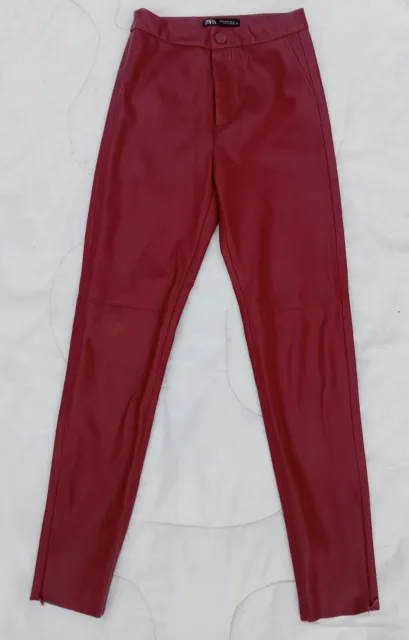 Zara Faux Leather Women's Pants Dark Red with Ankle Zippers and Raw Hem Size XS