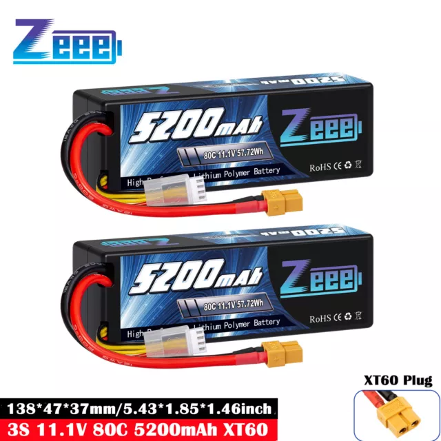 2x Zeee 3S Lipo Battery 11.1V 5200mAh 80C XT60 Hardcase for RC Car Truck Boats