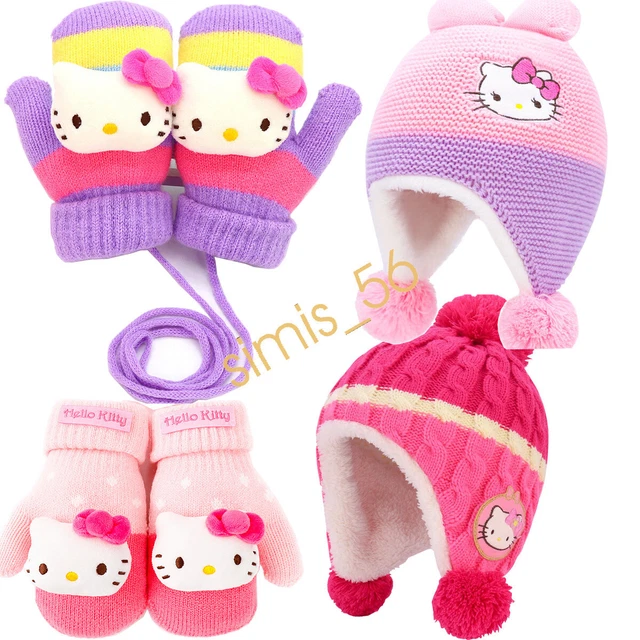 KIDS HELLO KITTY Gloves Hats Beanie Bobble Hat Pom Pom Thick