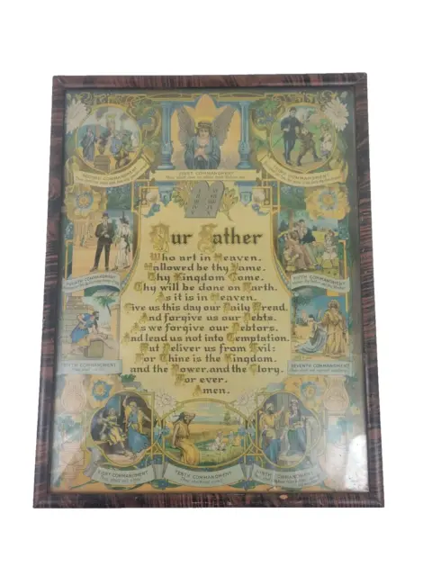 Antique Lithograph Print OUR FATHER Lords Prayer 10 Commandments Church Prayer