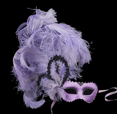 Mask from Venice Colombine Satin Purple IN Feathers Ostrich Paper Mache 22432