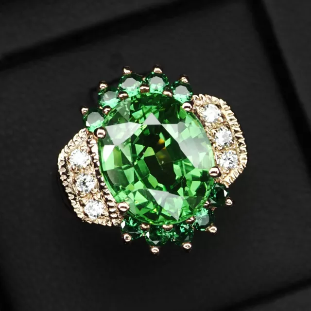 Vivid Green Tsavorite Garnet Oval 12Ct 925 Sterling Silver Handmade Rings Size 7