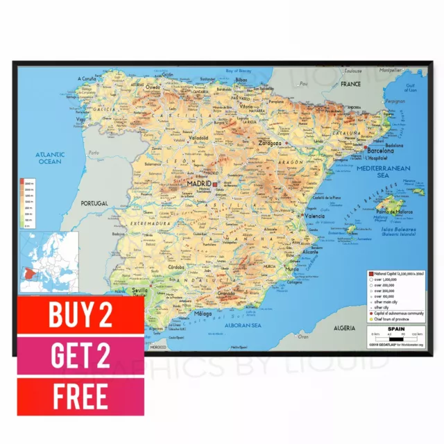 Map Of Spain Portugal Showing Major Citys And Towns Poster - A5 A4 A3
