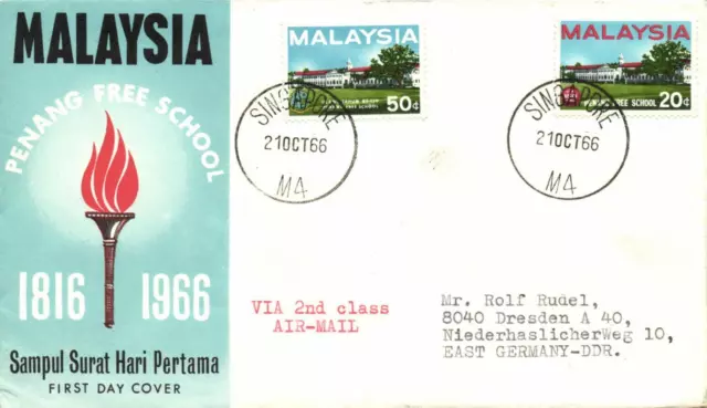 Malaysia FD-cover 100 Years Penang Free School FD-cancel Singapore 21.10.1966