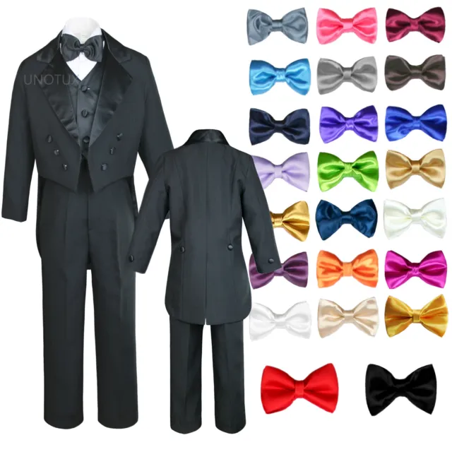 6pc Baby Kid Boy Wedding Formal Black Vest Tail Tuxedo Suits with extra Bow S-18