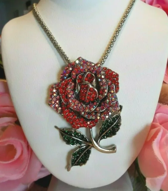 Betsey Johnson  Sparkling Crystal Red Rose In Full Bloom Pendant Necklace/Brooch