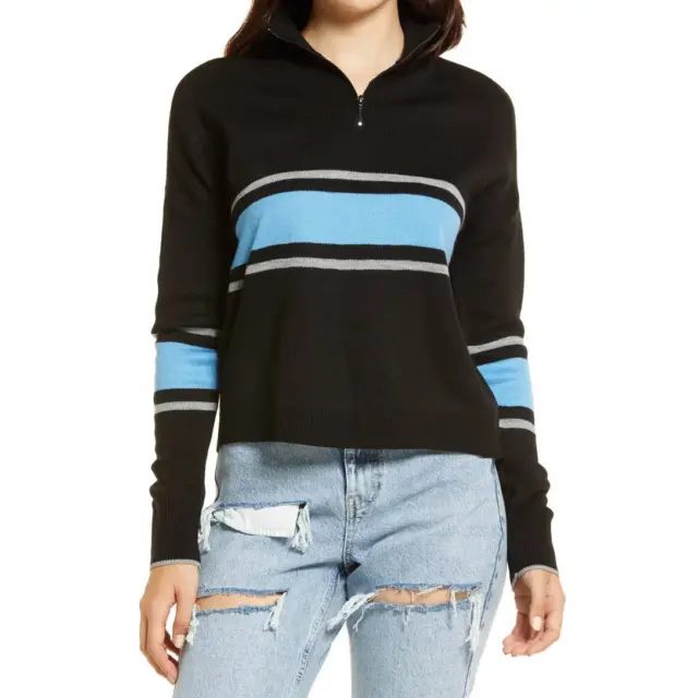 BP. Womens Striped 1/4 Zip Mock Neck Sweater Size M Black Blue Long Sleeve NWT