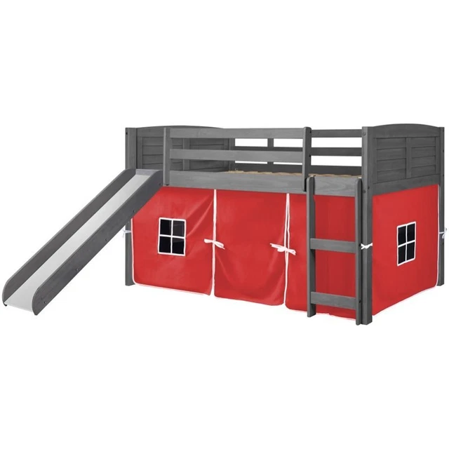 Donco Kids Louver Twin Solid Wood Low Slide Loft Bed with Red Tent in Gray