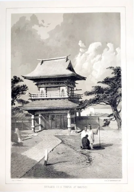 1856 Temple at Hakotadi Japan Entrance Lithograph Wilhelm Heine ORIGINAL RARE