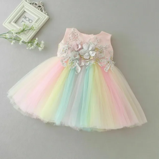 Newborn Baby Girls Rainbow Party Tutu Princess Dress Christening/Birthday/Prom