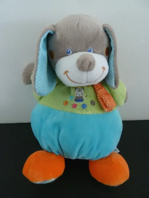 K5. DOUDOU PELUCHE MUSICAL MOTS D'ENFANTS CHIEN BOULE vert bleu orange gris TTBE