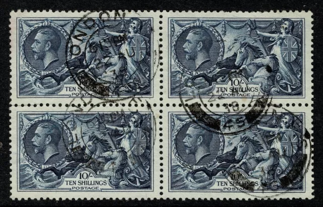 1934 SG 452 10/- Indigo Re-Engraved Seahorse Block CDS VG/FU Cat. £320.00