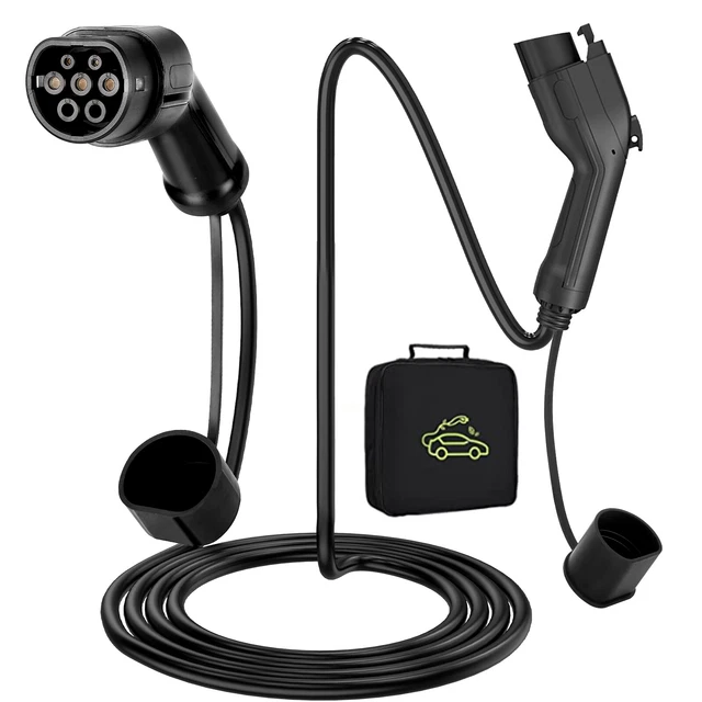 J1772 EV Charging Cable 32A 16A 5 Meter B/W Cord Type 2 to Type 1 + Storage Bag