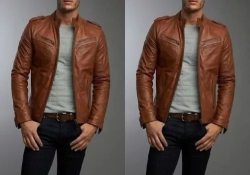 Men's Real Lambskin Tan Brown Leather Motorcycle Jacket Slim fit Biker Jacket