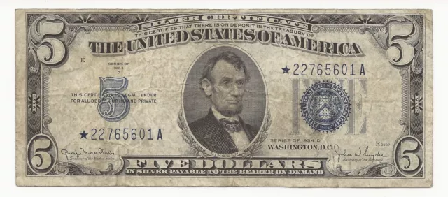 1934-D $5 Dollar Bill Silver Certificate STAR Note 601A-UNN