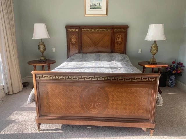 French Antique Inlayed Queen Size Bed Headboard Footboard and Rails Excellent!