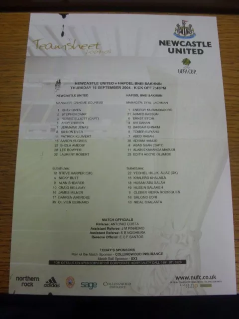 16/09/2004 Colour Teamsheet: Newcastle United v Hapoel [UEFA Cup] (Folded, Marke