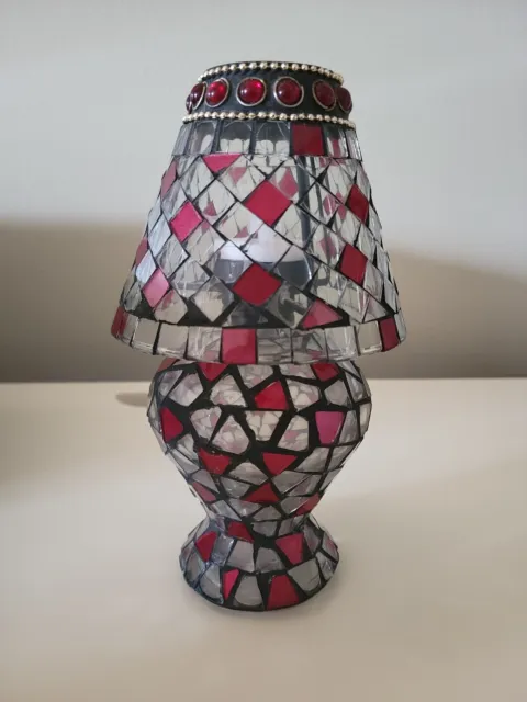 RED GLASS MOSAIC LAMP TEA-LIGHT CANDLE HOLDER 5"H x 3