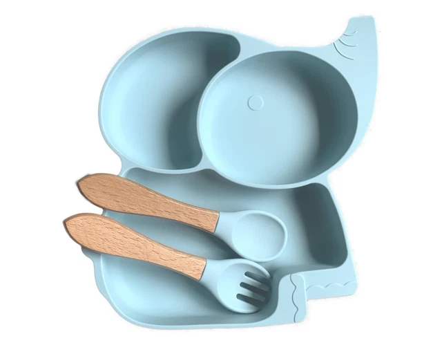Silikon Geschirrset mit Saugnapf-Teller, Babyteller, Kinderteller, Elefant Blau