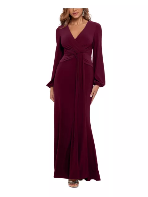 BETSY & ADAM Womens Maroon Draped Lined Long Sleeve Full-Length Gown Dress 8