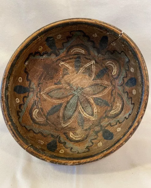 Antique Hand Turned Painted Wood Nirwegian Folk Art Bowl Dated 1783