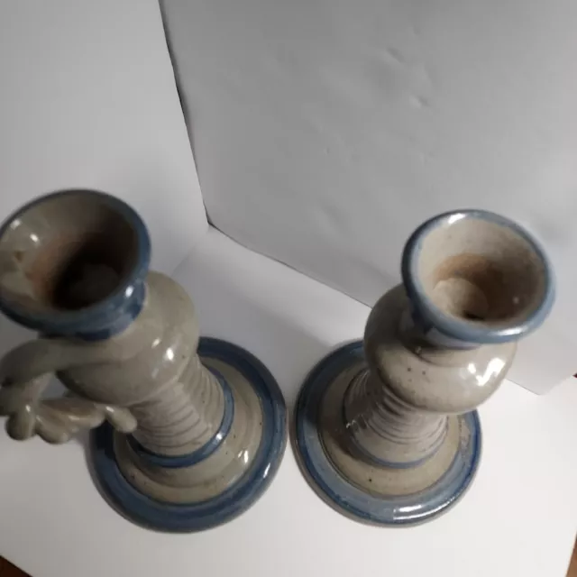 Pair MCM Salt Glaze Pottery Candlesticks, Signed by Ludwig Hagen, 5"x9.5" 2