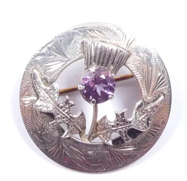 Vintage 1973 Scottish Thistle Brooch Ward Sterling Silver Amethyst Ward Bros 5.3