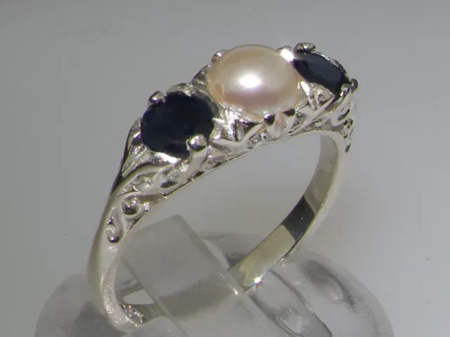 Luxury 925 Solid Sterling Silver Natural Sapphire and Pearl Trilogy Ring