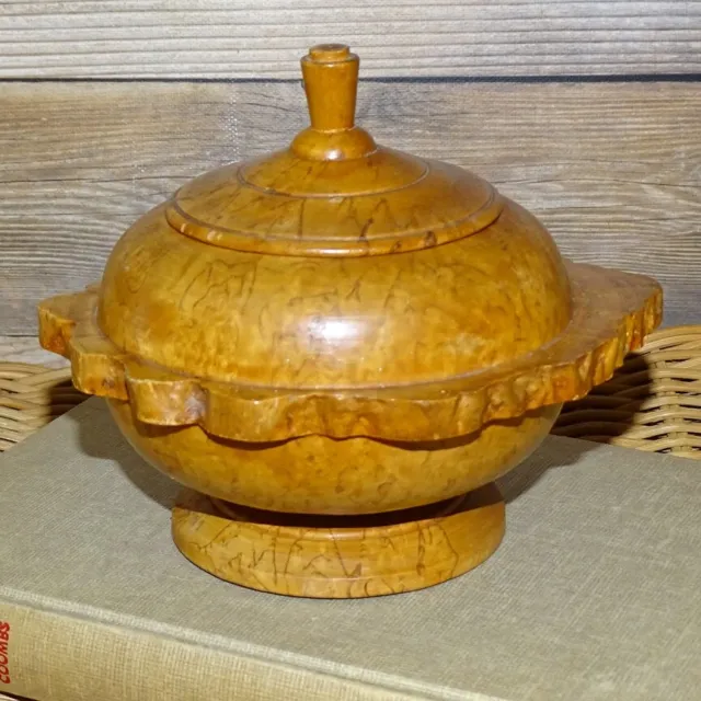 Vintage Primitive Wooden Treen Trinket Bowl Box Jar Pot Burl Wood Finial Lid