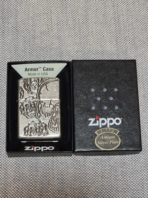 New*Zippo Lighter*Skull & Roses*Armor Case*Antique Silver Plate**Never Fired*Nib