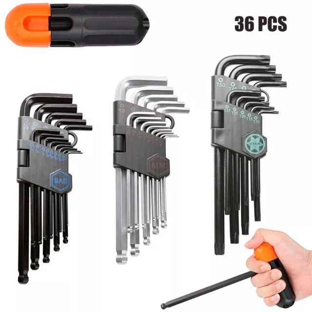 36PCS Hex Key Allen Wrenches Set，SAE/Metric&Torx with Long Arm Ball End Hex Keys