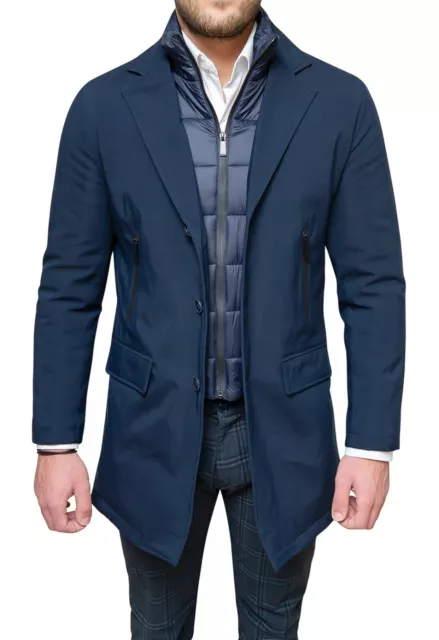 Giaccone soprabito uomo invernale blu cappotto trench elegante con gilet interno