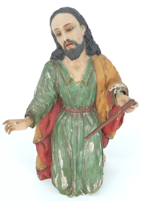 Antique Jesus Wood Statue Hand Carved Religious Polychrome Glass Eyes