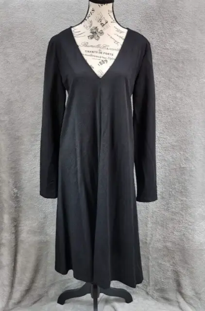 Zara Shift Dress Womens Medium Black Long Sleeve Maxi Minimalist Jersey V Neck