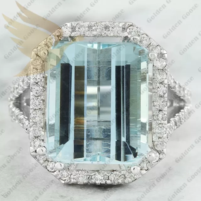 10.10Crt Emerald Cut Natural Aquamarine & Diamond 100% 14k SOLID White Gold Ring