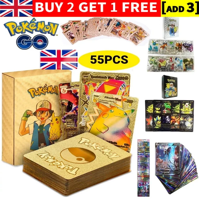 55 Pcs Pokemon TCG Gold Foil Pack  GX, Vmax, Charizard  English, Mixed  Hits Pokemon Gold Pack