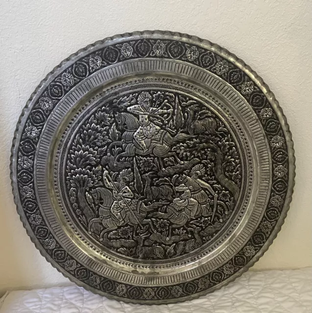 Antique Persian Hand Crafted Engraved Repouse Copper Wall Plate Hunting Design