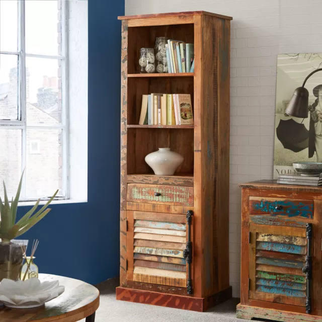 Classic Reclaimed Boat Wood 3 Shelves with Drawer and Door Display Bookcase